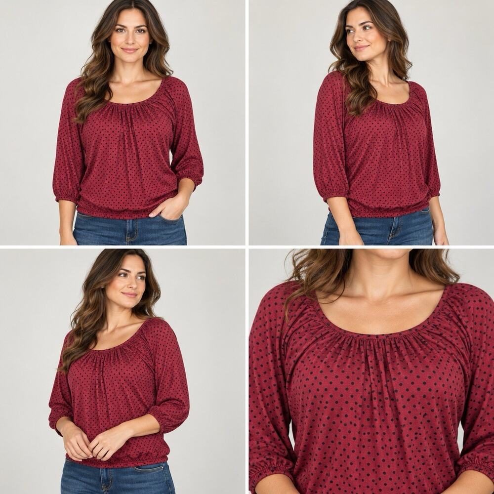 MICHAEL Michael Kors Blouse Womens M Burgundy Black Polka Dot Gathered